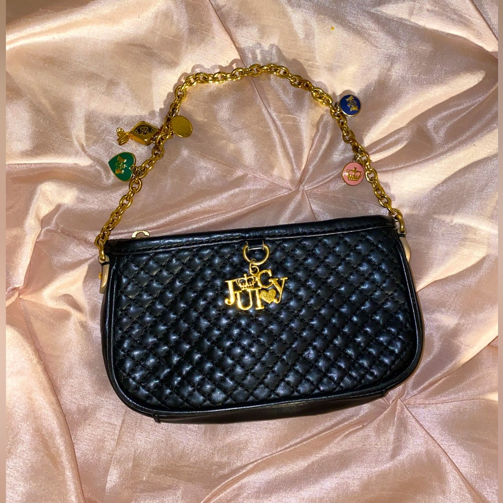 JUICY COUTURE RARE VINTAGE Y2K Baguette Bag  Black Quilted Leather Chain Charms